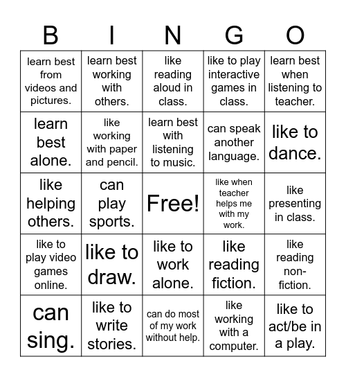 Find Someone Who- I Statements Bingo Card