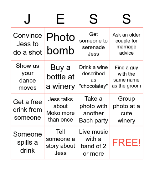 BACHELORETTE BINGO! Bingo Card