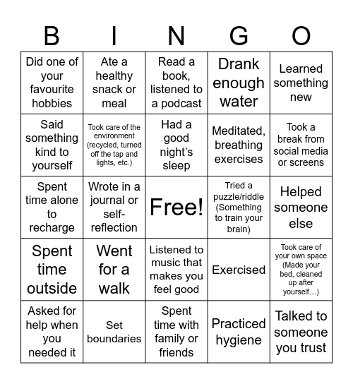 Self-Care Bingo Card