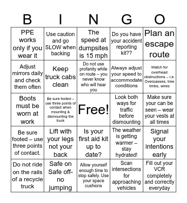 Safety BINGO Card