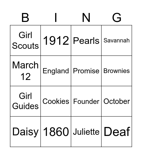 Juliette Gordon Low Bingo Card