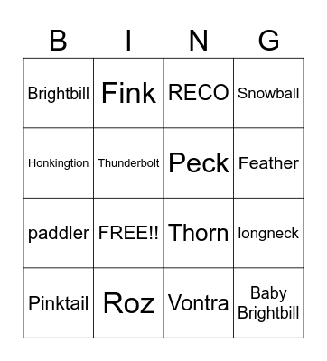 Wild Robot Bingo Card