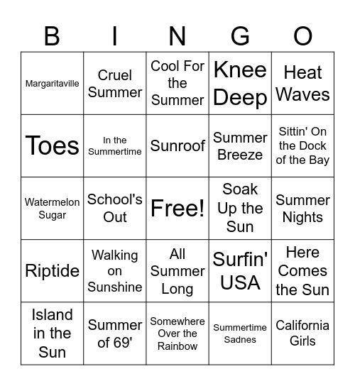 Summer Songs Bingo Card