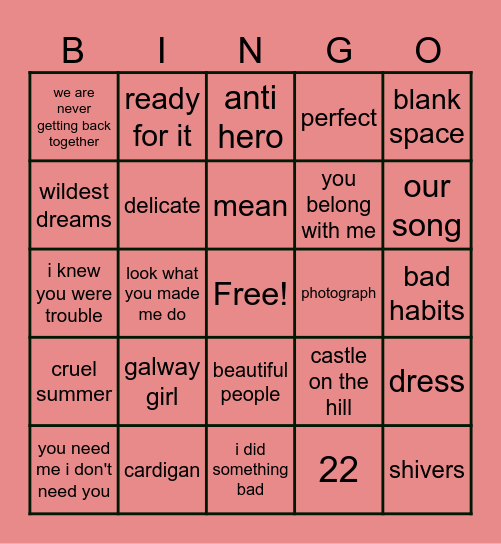 taylor swift and ed sheeran songs Bingo Card