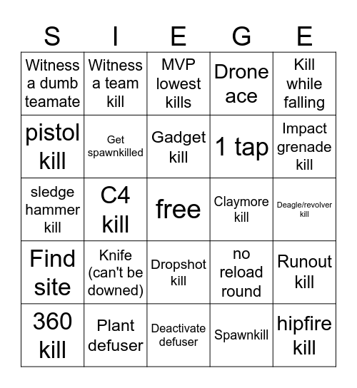 Siege Bingo Card