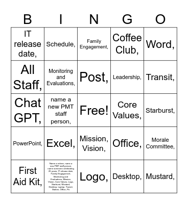 PMT ALL STAFF BINGO Card