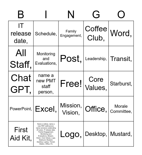 PMT ALL STAFF BINGO Card