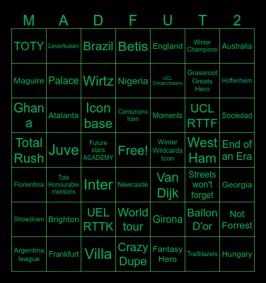Madfut pack opening Bingo Card
