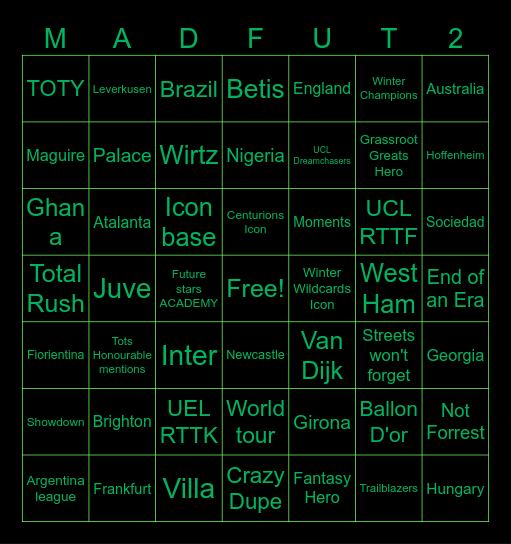 Madfut pack opening Bingo Card