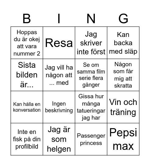 Tinder Bingo Card