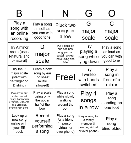 Cello Summer Bingo Card