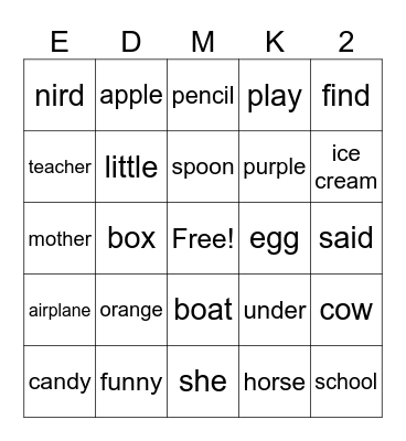 Edmark Bingo Card