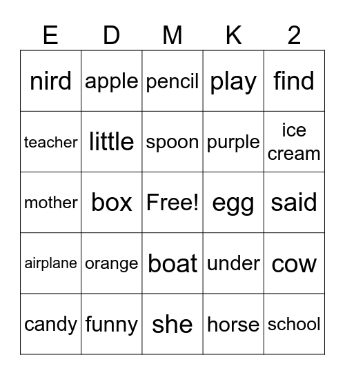 Edmark Bingo Card