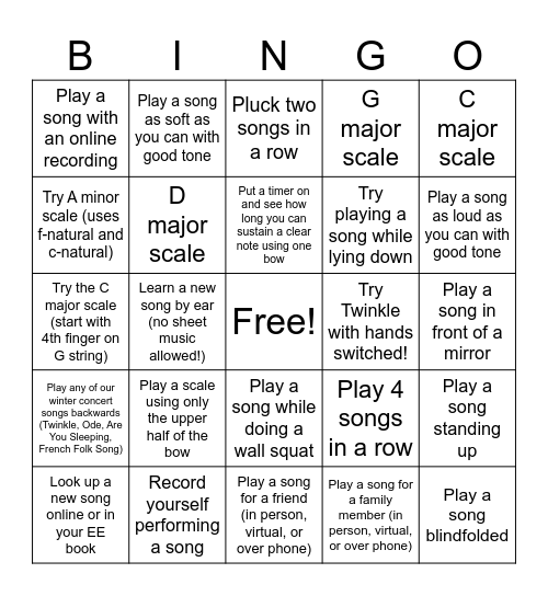 Cello Summer Bingo Card