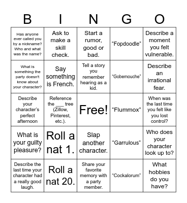 Character Development Bingo Card