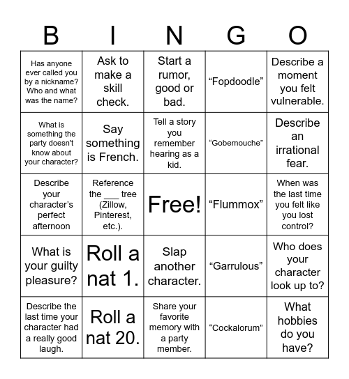 Character Development Bingo Card