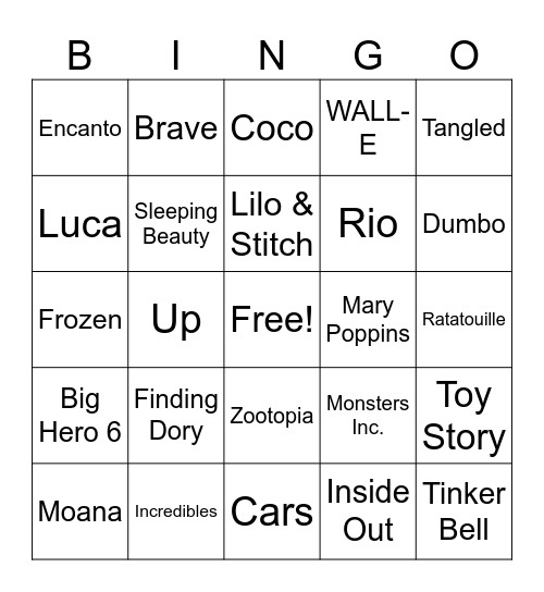 Lights, Camera, Action! (Disney Edition) Bingo Card