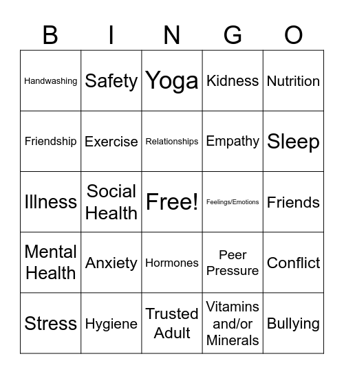 Health Bingo Card