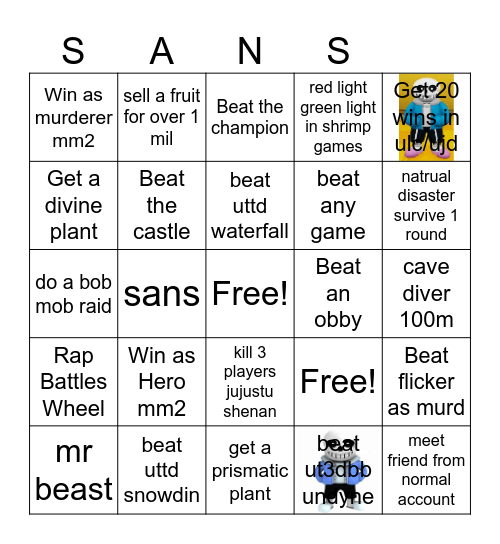 Roblox Challenges Bingo Card