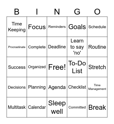 Time Management Bingo Card