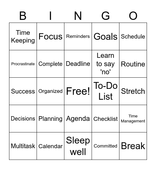 Time Management Bingo Card