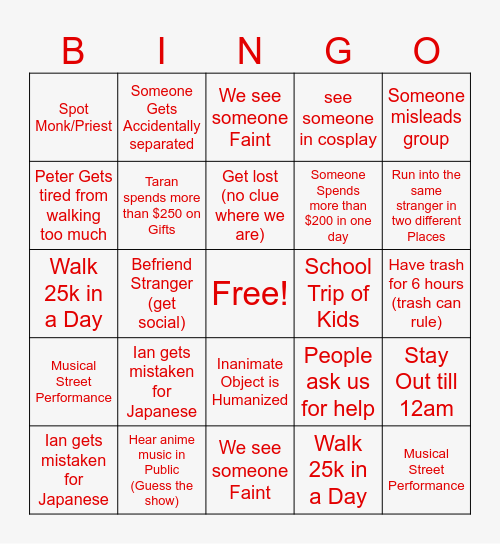 Japan Bingo Card