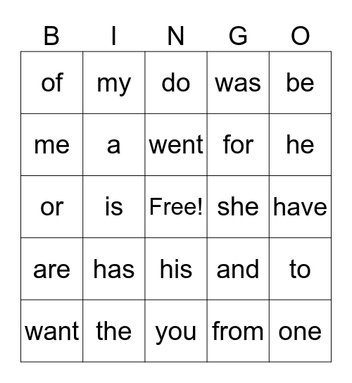 Trick Word Bingo Card