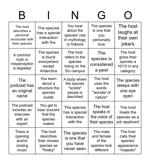 EVST 2100 Podcast Bingo Card