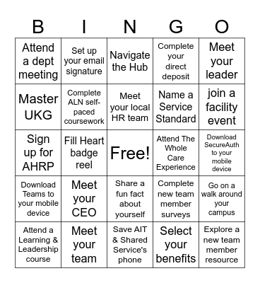 New Team Member Experience Bingo Card