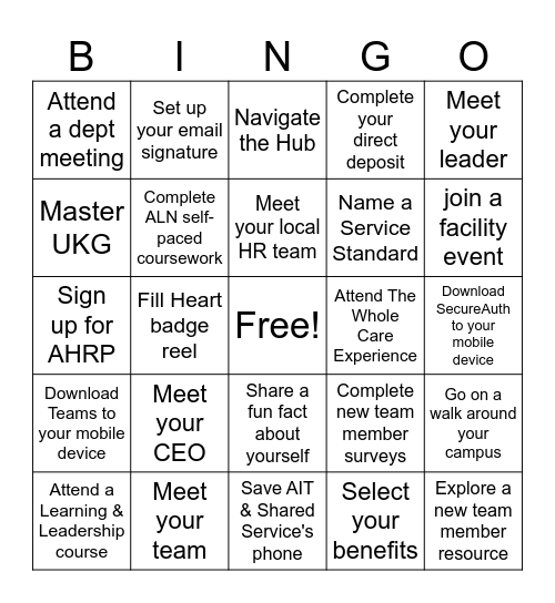 New Team Member Experience Bingo Card