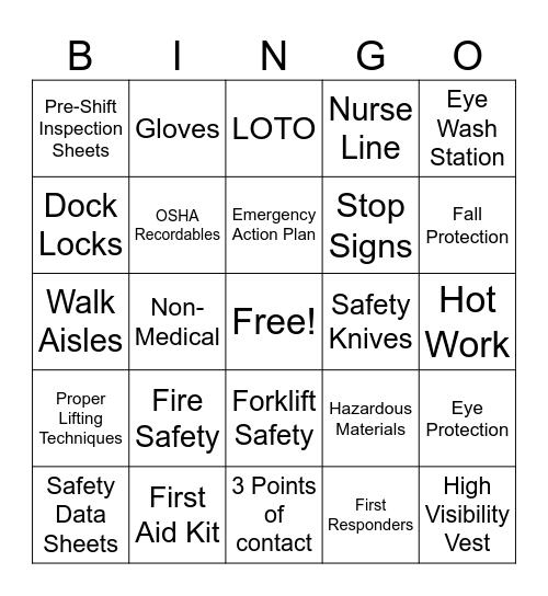 Safety Bingo Card