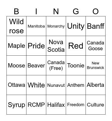 Canada Day Bingo Card