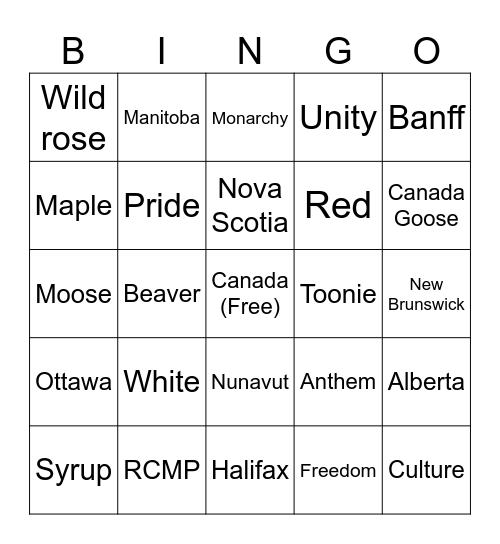 Canada Day Bingo Card