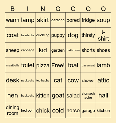 Vocabulary - revision Bingo Card