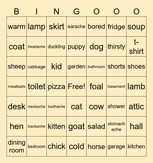 Vocabulary - revision Bingo Card