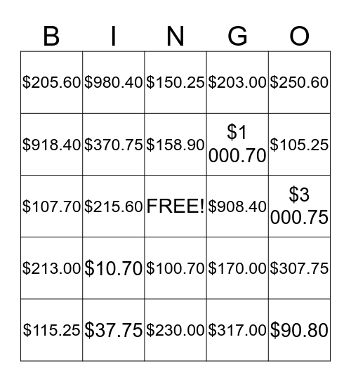 Money!! Bingo Card