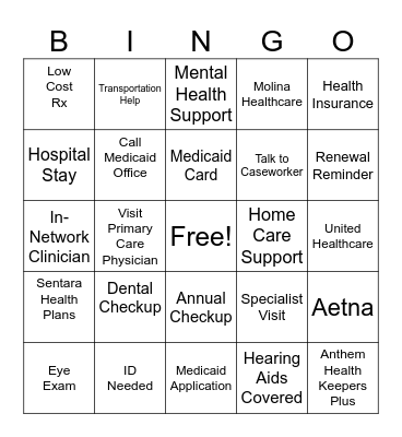 Medicaid BINGO Card