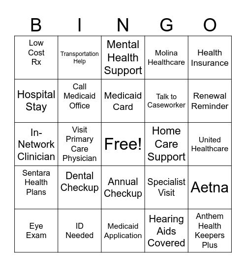 Medicaid BINGO Card