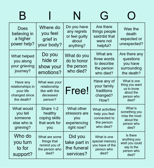 Grief Bingo Card