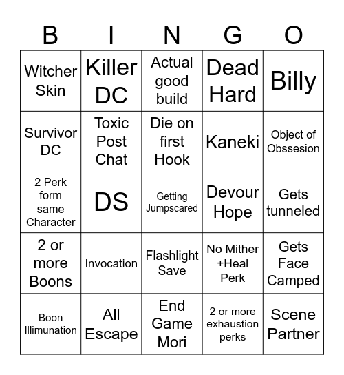 DbD Chaos Shuffle Bingo Card