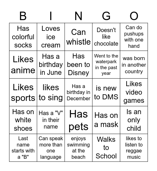Middle School BINGO: Find someone who... Bingo Card