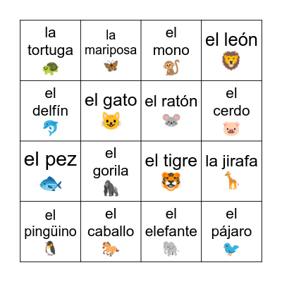 Los animales Bingo Card
