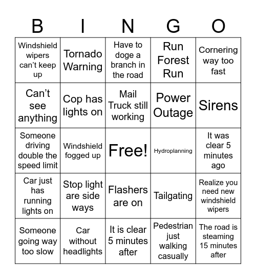 Afternoon Thunderstorm While Driving Bingo Card