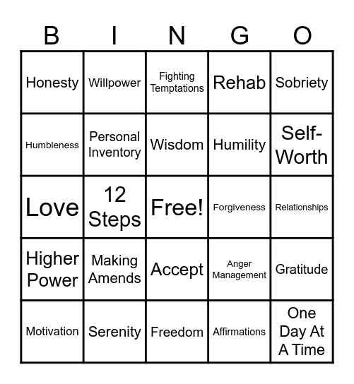 Recovery Bingo Card