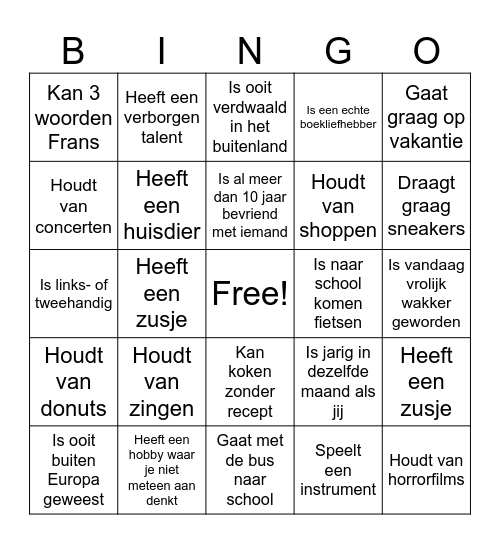 Kennismakings-Bingo Card