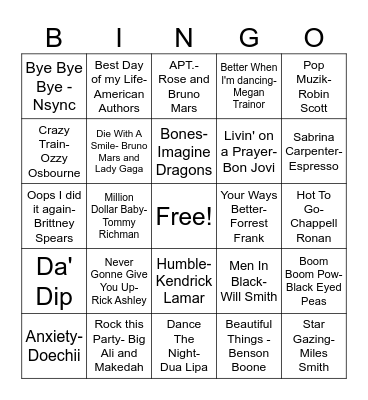 Song Bing0 Bingo Card