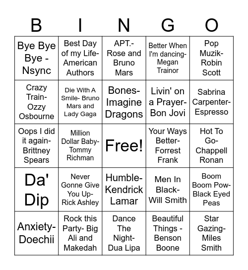 Song Bing0 Bingo Card