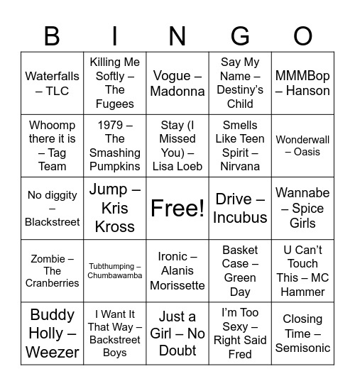 Music Bingo - 90s Hits Bingo Card