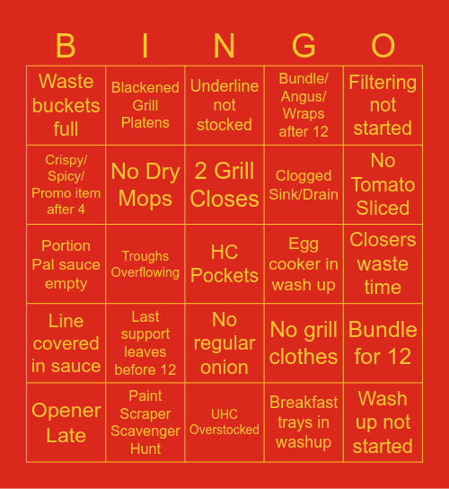 Shitty Kitchen Overnight Bingo Card