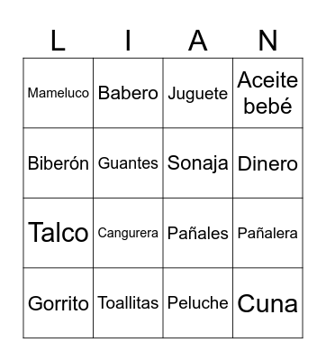 Mi baby shower Bingo Card